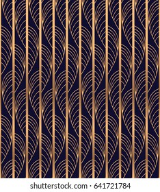 Peacock feather luxury background vector. Gold waves pattern seamless for art deco wedding invitation, vintage wallpaper, beauty spa salon flyer, bridal shower party cards design.