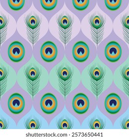 Peacock Feather Ogee Pattern with Soft Pastel Tones.A seamless pattern showcasing elegant peacock feathers arranged within a classic ogee design.