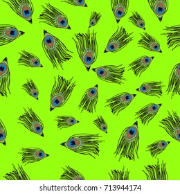 Peacock feather on green background