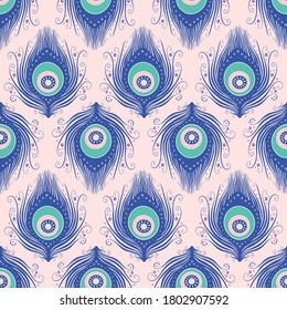 Peacock feather pattern design in blue and pink. Pretty vector seamless repeat nature background.