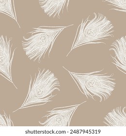 peacock feather pattern on white background. two colour Peacock feather seamless pattern with brown background.Design element for wrapping paper, textile, fabric, wallpaper.