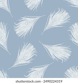 peacock feather pattern on white background. two colour Peacock feather seamless pattern with cyan blue background.Design element for wrapping paper, textile, fabric, wallpaper.