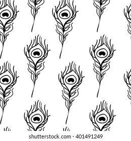 Peacock feather pattern on white background. Design for wrapping paper, textile, fabric, wallpaper. 