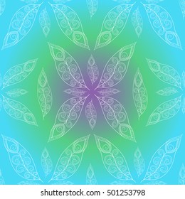 Peacock feather pattern vector seamless. Indian background with peacock eye motif. Pattern with gradient colors.