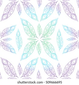 Peacock feather pattern vector seamless. Decorative background with bright green, blue and purple colors. Pattern with gradient outline bird feathers foil paper.