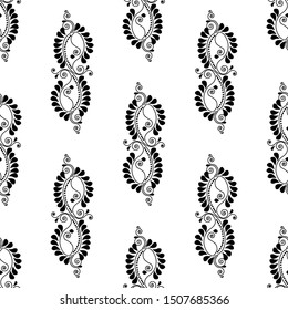 Peacock with Feather, petals and spirals - Indian Traditional and Cultural Rangoli, Alpona, Kolam or Paisley vector line art is in Seamless Pattern