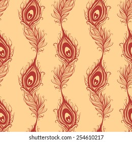 Peacock feather seamless in beige background. Vector illustration.