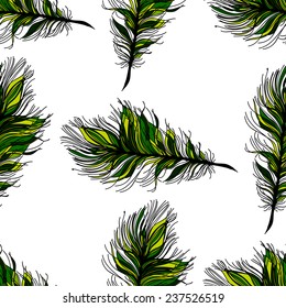 Peacock feather seamless pattern on the background. Vector