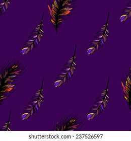 Peacock feather seamless pattern on the background. Vector