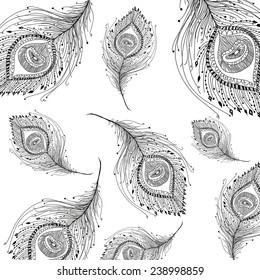 Peacock feather seamless pattern on the background. Vector EPS