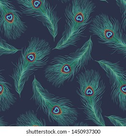 Peacock feather seamless pattern. Realistic vector texture. Exotic background. 
