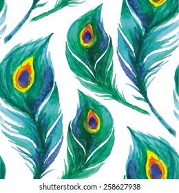 Peacock Feather Seamless Pattern. Watercolor Background. Vector Illustration.