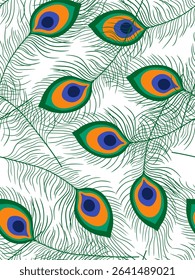 peacock feather seamless pattern white background vibrant krishna janmashtami decor textile poster colorful bird plumage print traditional indian festival