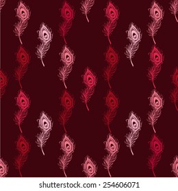 Peacock feather seamless in vinous background. Vector illustration.