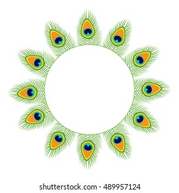 Peacock feather set collection. Round frame. Exotic tropical bird colorful tail. Isolated. White background. Flat design. Vector illustration