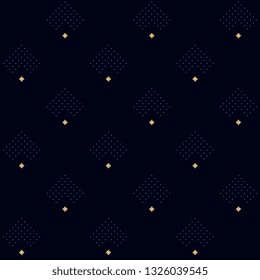 Peacock feather spotty pattern minimalist print. Simple geometric dot diamond motif navy blue background. Ditzy floral print block for dress fabric, textile accessories, decoupage, interior wallpaper