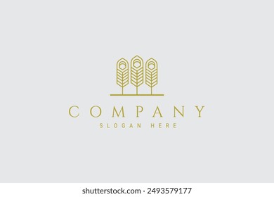 peacock feather tree with elegant gold color in line art design logo concept