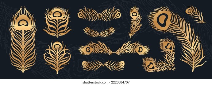 Peacock feather vintage style set. Art deco, nouveau 1920-1930 design. Vector illustration