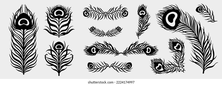 Peacock feather vintage style set. Art deco, nouveau 1920-1930 design. Vector illustration