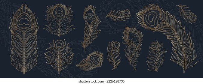 Peacock feather vintage style set. Art deco, nouveau 1920-1930 design. Vector illustration