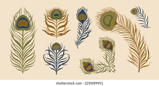 Peacock feather vintage style set. Art deco, nouveau 1920-1930 design. Vector illustration