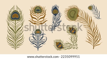 Peacock feather vintage style set. Art deco, nouveau 1920-1930 design. Vector illustration