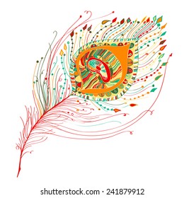 Peacock feather in white background. Vector illustration.