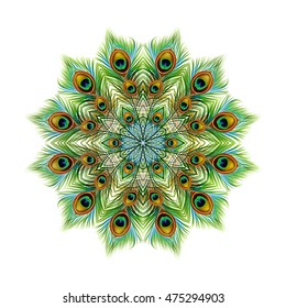 Peacock feathers background, mandala. Ornament beautiful card, bright illustration. Pattern kaleidoscope design, India. Vector illustration.