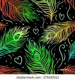 Peacock feathers. Colorful seamless pattern. Vector illustration. 