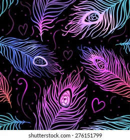 Peacock feathers. Colorful seamless pattern. Vector illustration. 
