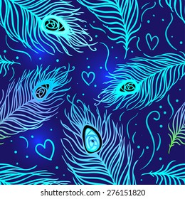Peacock feathers. Colorful seamless pattern. Vector illustration. 