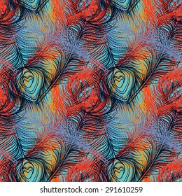 Peacock feathers colorful seamless pattern. Repeating abstract chaotic background texture. Cloth design, fabric swatch, wallpaper