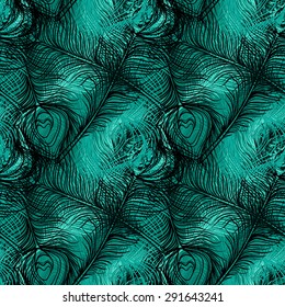 Peacock feathers colorful seamless pattern. Repeating abstract chaotic background texture. Cloth design, fabric swatch, wallpaper