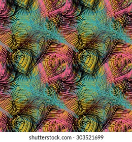 Peacock feathers colorful seamless pattern. Repeating abstract chaotic background texture. Cloth design, fabric swatch, wallpaper