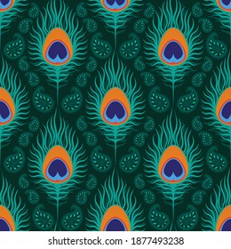 Peacock feathers design. Vector seamless pattern.