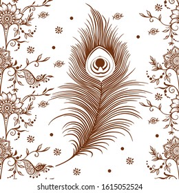 Peacock feathers in eastern ethnic style, mehendi, traditional indian henna floral ornament. Seamless pattern, background. Vector illustration.