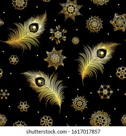 Peacock feathers in eastern ethnic style, mehendi, traditional indian henna floral ornament. Seamless pattern, background in gold and black. Vector illustration.