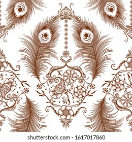 Peacock feathers in eastern ethnic style, mehendi, traditional indian henna floral ornament. Seamless pattern, background. Vector illustration.