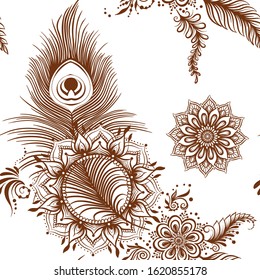Peacock feathers in eastern ethnic style, mehendi, traditional indian henna floral ornament. Seamless pattern, background. Vector illustration.