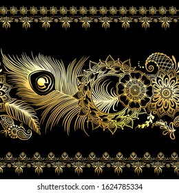 Peacock feathers in eastern ethnic style, mehendi, traditional indian henna floral ornament. Seamless pattern, background in gold and black. Vector illustration.