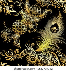 Peacock feathers in eastern ethnic style, mehendi, traditional indian henna floral ornament. Seamless pattern, background in gold and black. Vector illustration.