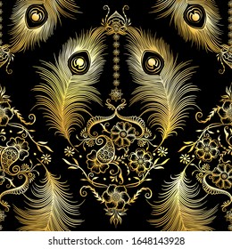 Peacock feathers in eastern ethnic style, mehendi, traditional indian henna floral ornament. Seamless pattern, background in gold and black. Vector illustration.