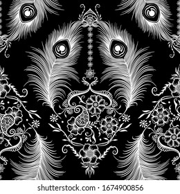 Peacock feathers in eastern ethnic style, mehendi, traditional indian henna floral ornament. Seamless pattern, background in lack and white. Vector illustration.