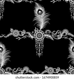 Peacock feathers in eastern ethnic style, mehendi, traditional indian henna floral ornament. Seamless pattern, background in lack and white. Vector illustration.