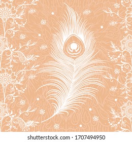 Las plumas de pavo real al estilo étnico oriental, mehendi, tradicional adorno floral de henna blanca india. Patrón transparente, fondo. Ilustración vectorial.