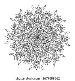 Peacock feathers with eyes. Ornamental element. Mandala. Vector illustration isolated on white background.