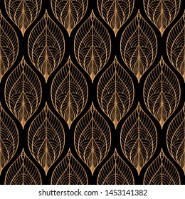 Peacock feathers floral royal pattern seamless. Gold black luxury background vector. Indian design for christmas wrapping paper, beauty spa, new year wallpaper, birthday gift, wedding party.