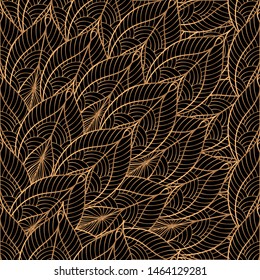 Peacock feathers floral royal pattern seamless. Gold black luxury background vector. Oriental design for christmas wrapping paper, beauty spa, new year wallpaper, birthday gift, wedding party.