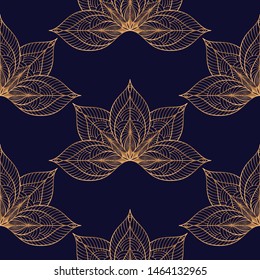 Peacock feathers floral royal pattern seamless. Gold black luxury background vector. Eastern design for christmas wrapping paper, beauty spa, new year wallpaper, birthday gift, wedding party.