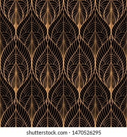 Peacock feathers floral royal pattern seamless. Gold black luxury background vector. Art deco design for christmas wrapping paper, beauty spa, new year wallpaper, birthday gift, wedding party.